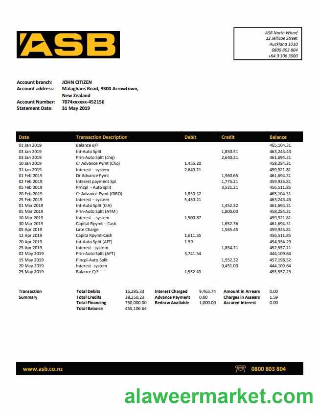 New Zealand ASB bank statement